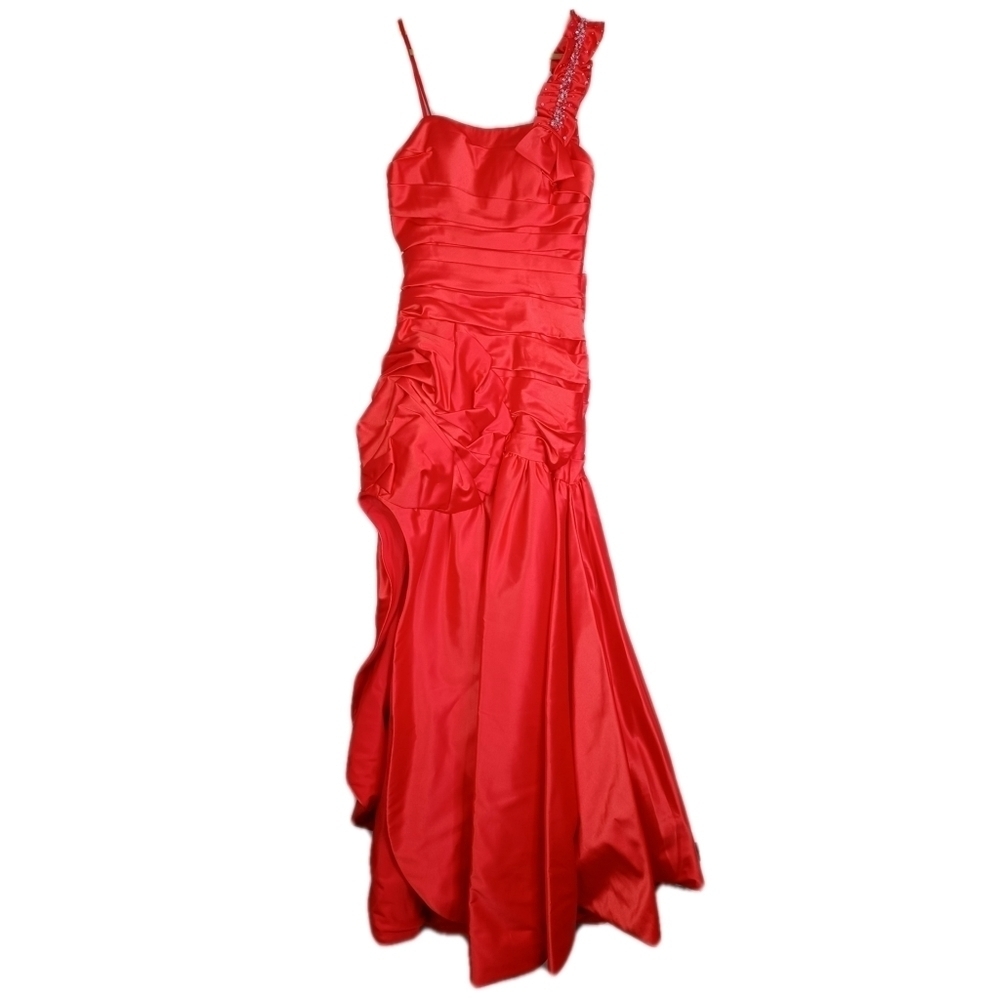 Faviana Red Satin Mermaid Flare Rhinestone Sz 8 Maxi Gown